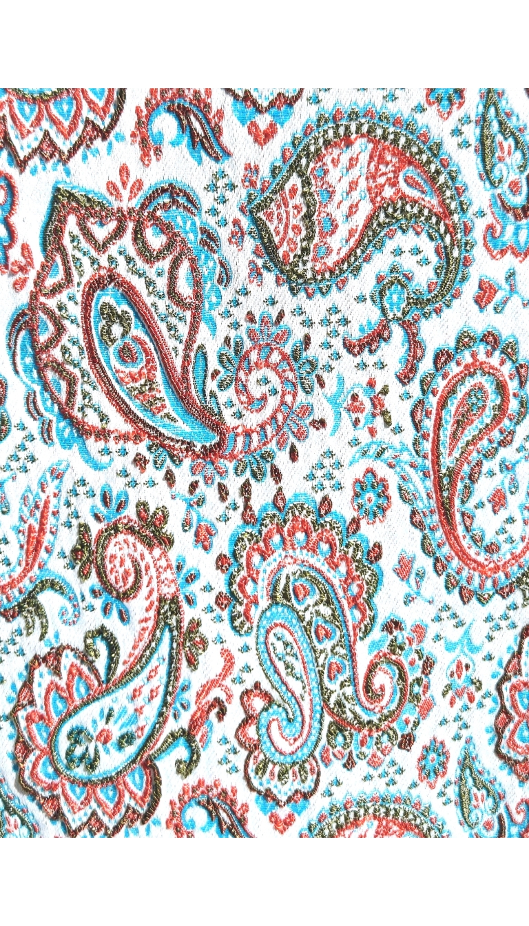 Ornella Kleid – luxuriöses Jacquardkleid mit Paisley-Muster Ornella Kleid aus Jacquardstoff mit Paisley-Muster in Weiß und Blue Curaçao