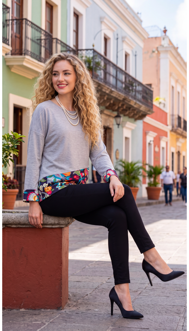 Bluza Notte Fiorita – pamučna bluza s cvjetnim baršunom Siva ženska bluza Notte Fiorita s cvjetnim baršunom na crnoj podlozi